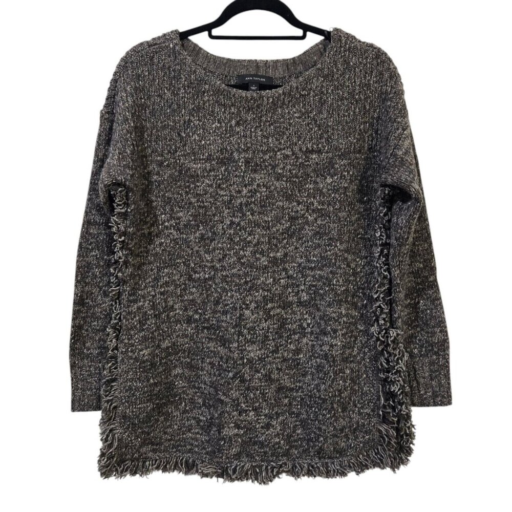 Ann Taylor Sweater Women Size Small Brown Beige Wool Blend Pullover Tunic Fringe